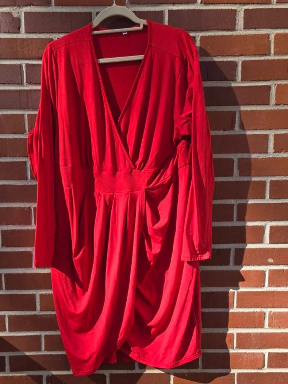 Women's Plus Size 3XL Red Stretch Faux Wrap Long Sleeve Midi Dress